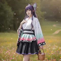 [超人気] 鬼滅の刃 胡蝶しのぶ 風 コスプレ 和装メイド服 3点セット [イベント/撮影/忘年会] [新品未使用]