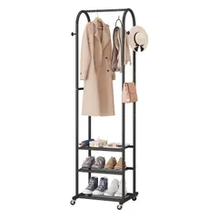 車輪付き 3段メタルシェルフ メタルワイヤー 省スペース/幅狭対応 重厚仕様 アーチ型 衣類ハンガーラック UDEAR ブラック