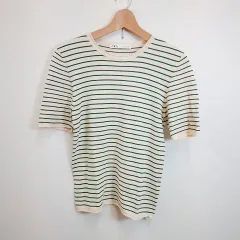 ZARA ザラ カットソー ラウンドネック セーター ボーダーニット 半袖 ベージュ グリーン Lサイズ □〇☆