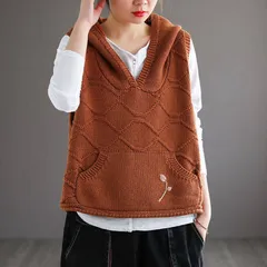 ベスト レディース ニット 刺繍 ポケット付き パーカー フード付き 春 秋冬 ゆったり 着痩せ カジュアル シンプル おしゃれ インナーウェア