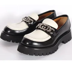 UCCI グッチ インターロッキングG チェーン ローファー ブラック＆ホワイト 752093 DS8J0 1072 8サイズ レザー モカシン ドレスシューズ スリッポン 厚底 靴 シューズ メンズ 【新品・本物】売れ筋