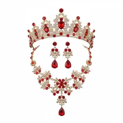 [Beaupretty] ウェディング 王冠 For 花嫁 ティアラ イヤリング ネックレス ジュエリー セット クリスタル ウェディング ティアラ コスチューム アクセサ???ー レッド