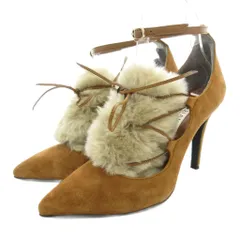 ダイアナ DIANA パンプス ハイヒール ポインテッドトゥ アンクルストラップ スエード ファー 24cm 茶 ブラウン /GV