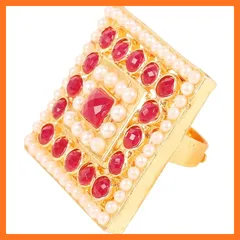 【新品】 試金石 Indian Bollywood Rajwadaは、スタッドドルックスクエア形状のFaux Ruby Pearls調節可能サイズデザイナーウェディングジュエリーカクテルフィンガーリングが女性のためのゴールドトーンで指輪を調整します。 1