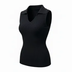 75b26 FOXEY フォクシー ノースリーブリブニットセーター 襟付きVネックニット トップス 40819 38サイズ ブラック 画像参照 レディース 女性用u02t