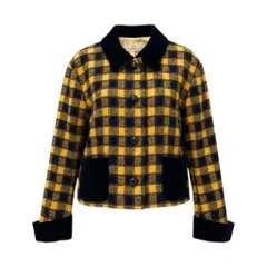 78b26 GIVENCHY ジバンシー Vintage チェック柄 ベロア × ツイードジャケット サイズ9 イエロー ネイビー Tweed Jackett18rのサムネイル