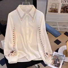シャツ レディース ホワイト 刺繍 長袖 レトロ きれいめ 着回し デザインシャツ M260226-5