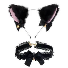 [ZUNNY HJERBOF] 猫耳 カチューシャ 2点セット 鈴付き リボン付き かわいい ねこ耳 ねこみみ 黒猫 ふわふわ コスプレ 仮装 小物 ヘアアクセサリー ヘッドバンド イベント 学園祭 ハロウィン