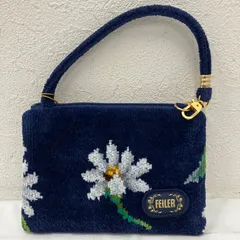 9906　良品　FEILER　フェイラー　シュニール織り　タオル地　ホワイトマーガレット　サイドポーチ　ポーチ　手付きポーチ　マルチケース　マルチポーチ　バニティ　紺　ネイビー　花　フラワー　花柄　マーガレット　白　ホワイト　タグ付き