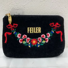 59　良品　FEILER　フェイラー　シュニール織り　タオル地　ポーチ　マルチケース　マルチポーチ　バニティ　黒　ブラック　ロゴ　刺繍　花　フラワー　花柄　りぼん　マチあり　タグ付き