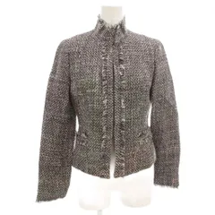 アナイ ANAYI ツイードジャケット スタンドカラー フリンジ 36 総裏地 黒 ブラック 白 ホワイト /GV