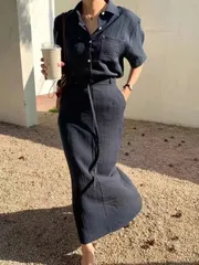 上下セット レディース セットアップ 半袖 シャツブラウス ロングスカート タイトスカート 綿麻 カジュアル 無地 シンプル ビジネス オフィス