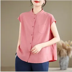 シャツ レディース ブラウス ノースリーブ スタンドカラー 綿麻風