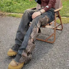 デニムパンツ ジーパン ワイドパンツ ストレート ロング レディース 韓国ファッション ワイドデニム バタフライ 刺繍 ゆったり 大きいサイズ 個性的 かっこいい ユニーク おしゃれ 肌見せ サイド