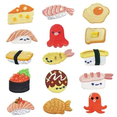 【新着商品】刺繍 ワッペン アイロン接着 パッチ 小さい サイズ 手芸 男の子 女の子 幼稚園 保育園 小学校 入学 かわいい おしゃれ アイロンワッペン (すし-15点 セット)