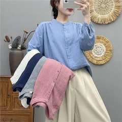 シャツブラウス レディース 長袖 ガーゼシャツ トップス バンドカラー ガーゼ ダブルガーゼ 綿100％ ガーゼコットン カジュアル ナチュラ 秋 春