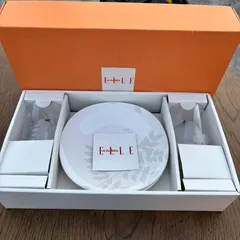 【新品未使用】ELLE à table エルアターブル ペア食器セット プレート 皿 2枚 ＆ グラス 2客 4点セット オレンジBOX付 ブランド食器 デザート皿 タンブラー リーフ柄 ボタニカル ピンク グレー まとめ売り ギフト