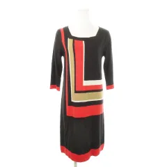 アイシービー iCB ニットワンピース ひざ丈 スクエアネック 七分袖 ウール インターシャ ライン インナーワンピース付 S 茶 ブラウン /MN5 ■GY99