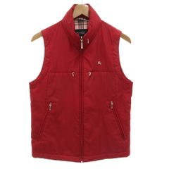 バーバリーブラックレーベル BURBERRY BLACK LABEL 中綿ベスト ジャケット ジップアップ 裏地チェック ホース刺繍 フード収納 M 赤 レッド /GV ■GY50