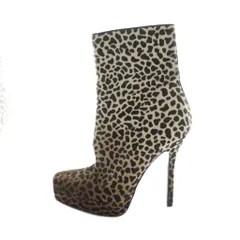 グッチ GUCCI ショートブーツ サイドジップ ハラコ レザー ロゴ ハイヒール スクエアトゥ ヒョウ柄 レオパード柄 36 23cm 茶 ブラウン ■GY18 /MQ ■OH