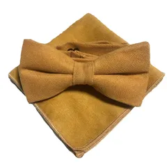 結婚式 フォーマ無地 ワンタッチ 二次会 メンズ マスタードイエロー【蝶ネクタイ＆ポケットチーフ】２点セット