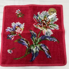 71　FEILER　フェイラー　ハンカチ　シール付き　タオルハンカチ　レディース　シュニール織り　花柄　フラワー　シンプル　きれいめ　上品　赤系　レッド系