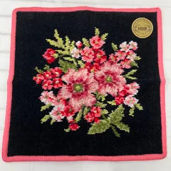 25　FEILER　フェイラー　ハンカチ　シール付き　タオルハンカチ　レディース　ブラック　黒　ピンク　花柄　フラワー　シュニール織り　レディース　きれいめ　上品　シンプル