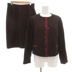 ハナエモリ HANAE MORI セットアップ スーツ ツイード ノーカラージャケット タイトスカート 40 ひざ丈 総裏地 スパンコール ラメ 赤 レッド 黒 ブラック /GV