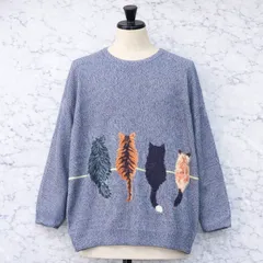 猫刺繍 長袖ニットセーター 薄い青色
