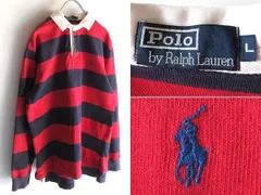 希少 90sビンテージ Polo by Ralph Lauren ラルフローレン ポロポニーロゴ刺繍 ボーダー ラガーシャツ L レッド ナス紺 国内正規品