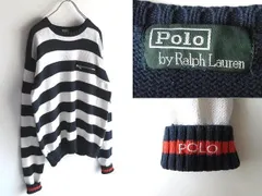 希少 80sビンテージ Polo by Ralph Lauren ラルフローレン ロゴ刺繍 コットン ボーダーニット セーター ネイビー ホワイト ナイガイ正規品