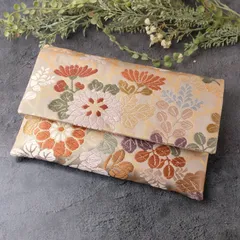 御朱印帳ケース　袱紗タイプ　帯リメイク　ご朱印帳入れ　和風　和柄　唐織　灰茶　萩　菊　松  G-25-078　ハンドメイド