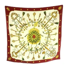 エルメス HERMES LES CLES カレ90 スカーフ 総柄 シルク ボルドー アイボリー ゴールドカラー /MI ■OS ■OH