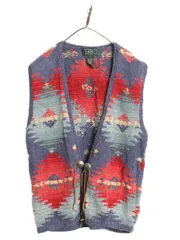 【お得なクーポン配布中!】 90s ローレン ラルフローレン ネイティブ ニット ベスト レディース L / ポロ ハンドメイド リネン コットン セーター 前開き 重ね着 総柄