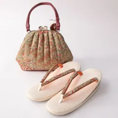 草履・バッグセット Sランク カジュアル 本革 和装小物 クリーム系 朱系 1241-01008
