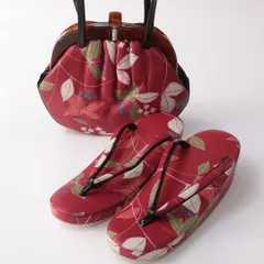 草履・バッグセット Aランク カジュアル 本革 和装小物 赤系 1241-01010