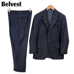 【美品】 Belvest メンズスーツセットアップ ３ボタン 48 黒ストライプ