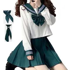 新品 [Mrinoyume] セーラー服 コスプレ 長袖 大きいサイズ 本格制服 ミニスカート JK制服 女子高生 高校生 茶色 赤 (XL 緑色 長袖)のサムネイル