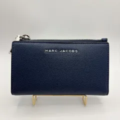 【美品】MARC JACOBS マークジェイコブス 二つ折り財布 ネイビー レザー コンパクトウォレット シルバーロゴ レディース