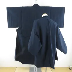 男着物 アンサンブル ウール 単衣 幾何学模様 黒色ｘ紺色 男性用きもの 羽織 メンズ 仕立て上がり 小さいサイズ 身丈137.5cm