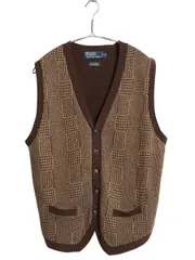 【お得なクーポン配布中!】 00s ポロ ラルフローレン ニット ベスト メンズ M オールド カシミヤ コットン リネン シルク セーター チェック 切替 重ね着 トラッド 茶
