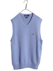 【お得なクーポン配布中!】 90s ポロ ラルフローレン Vネック コットン ニット ベスト メンズ XL / 古着 オールド セーター 重ね着 プルオーバー 大きいサイズ ブルー
