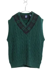 【お得なクーポン配布中!】 90s オールド ギャップ チルデン ケーブル ニット ベスト メンズ レディース M 紺タグ コットン セーター Vネック ブラックウォッチ 重ね着