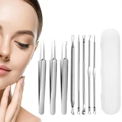 シルバー レディース兼用 携帯便利 精密 収納ケース付き いちご鼻 鼻ケア 顔 ニキビ針 黒ずみ 毛穴ケア専用キット 抗菌ステンレス 角栓除去 先端は幅0.1mm 【専用8本セット】 ピンセット 毛抜き 角栓取り