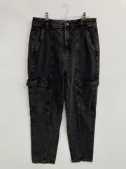 DYNAMITE カーゴパンツ 29 ブラック クロップド・半端丈 デニム コットン 無地 スタンダード テーパード ハイウエスト