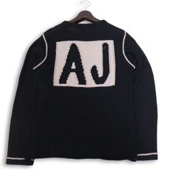 ARMANI JEANS アルマーニ ジーンズ 通年 バック ビッグ ロゴ★ コットン100% ニット セーター Sz.S メンズ 黒