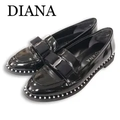 DIANA ダイアナ リボン パール♪ 光沢 ローファー シューズ Sz.24 1/2 レディース 黒