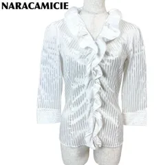 NARACAMICIE フリル襟ブラウス 光沢ストライプ ホワイト