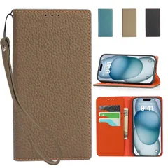 ブラウン×オレンジ カードポケット マグネット式 ストラップ付き スタンド機能 カバー カバー いPhone15 レザー 本革 対応 アイフォン15 手帳型 高級牛本革ケース 対応ケース iPhone15