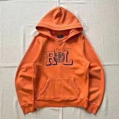 archive　POLO RALPH LAUREN　ポロラルフローレン　ヴィンテージ加工　プルオーバー　フーデッドパーカー　スウェット生地　RLエンブレムロゴプリント　前Vガゼット　オレンジ　Y2K　アメカジ　emblem logo hoodie parka